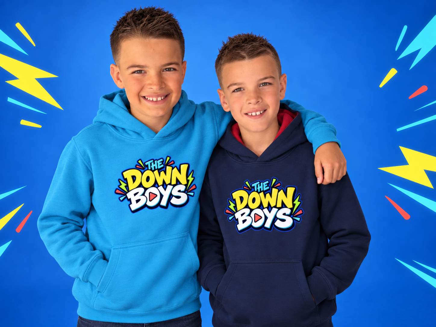 Jacob and Harry modelling blue and navy Down Boys hoodie concepts